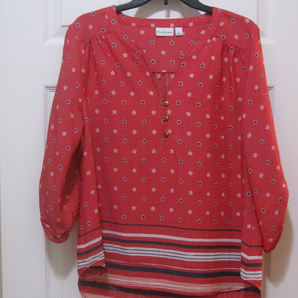 Stars & Stripes Tunic Blouse sz L Patriotic Red White Blue